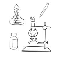 Monochrome Set for chemical experiments with liquid heating, glass flask with boiling liquid, vector illustration in cartoon style on a white background