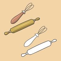 A set of pictures, kitchen utensils, a hand mixer and a rolling pin, an illustration in cartoon style on a colored background vector