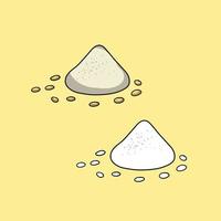 A set of pictures, A handful of flour with grains sprinkled with salt, a vector illustration in cartoon style on a colored background