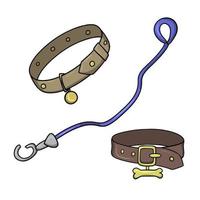 Set of illustrations, Brown leather dog collar with gold tag, leash for walking, vector illustration in cartoon style on a white background