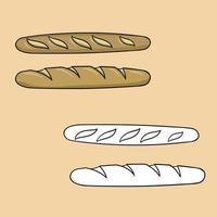 A set of pictures, a long loaf of white wheat bread, a vector illustration in cartoon style on a colored background