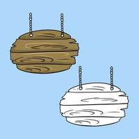 A set of pictures, Round brown wooden signs on a chain, a stand for ads, a vector illustration in cartoon style on a colored background