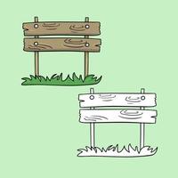 A set of pictures, a large old brown wooden sign on two pillars, a stand with green grass, a vector illustration in cartoon style on a colored background