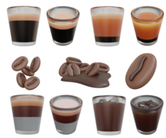 Representación 3d de un conjunto de diferentes tipos de bebidas de café en vidrio transparente y frijol aislado en el fondo png