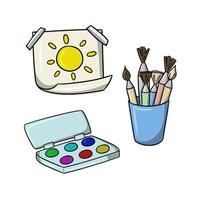 A set of pictures, a blue glass with brushes, a drawing and a box of watercolor paint, a return to school, drawing tools, a vector illustration of a cartoon on a white background