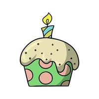 Festive muffin with a candle. Delicious cupcake with multicolored sugar crumbs, vector illustration in cartoon style on a white background