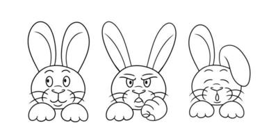 Set of Monochrome picture, cute little bunnies in cartoon style, angry rabbit, fluffy cute bunnies. Vector illustration