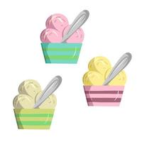 un conjunto de coloridos postres fríos dulces, frutas y helado de vainilla en diferentes vasos con una cuchara de plata, vector de dibujos animados