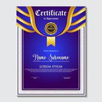 diseño de plantilla de certificado de color azul y dorado. certificado de logro con una insignia de oro vector