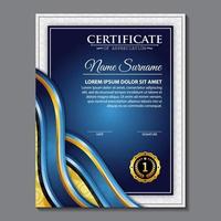 Award template certificate, gold color and blue gradient. Contains a modern certificate with a gold badge. vector