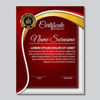 certificado de plantilla de premio, color dorado y degradado rojo. contiene un certificado moderno con una insignia dorada vector