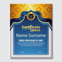 Blue and gold color certificate template design. Certificate of Achievement with a gold badge vector