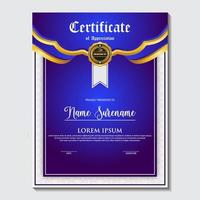 Blue and gold color certificate template design. Certificate of Achievement with a gold badge vector