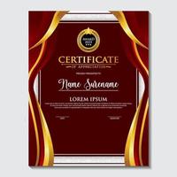 certificado de plantilla de premio, color dorado y degradado rojo. contiene un certificado moderno con una insignia dorada. vector