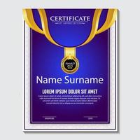 Blue and gold color certificate template design. Certificate of Achievement with a gold badge vector