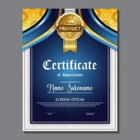 Award template certificate, gold color and blue gradient. Contains a modern certificate with a gold badge. vector