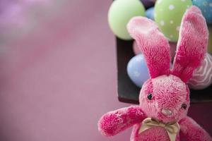 Painted colorful Easter eggs and rabbit doll background - Easter and holiday celebration background concept photo