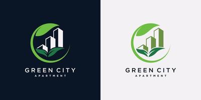 Green city building logo design template with leaf element and creative concept vector