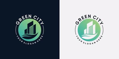 Green city building logo design template with leaf element and creative concept vector