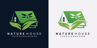 Nature house logo design vector illustration with leaf element and green color