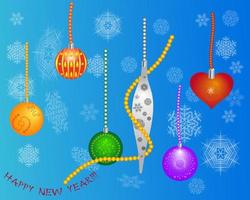 juguetes de año nuevo y copos de nieve sobre un fondo marrón claro vector