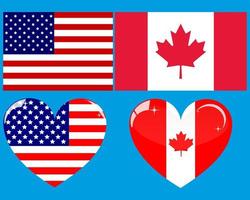 dos banderas y dos corazones canadienses americanos en un fondo blanco vector