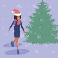 Woman's Christmas happiness. Christmas tree, gifts. Vector illustration.