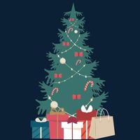 árbol de navidad verde, regalos, felicidad. Ilustración de vector de vacaciones.