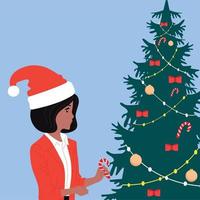 Woman's Christmas happiness. Christmas tree, gifts. Vector illustration.