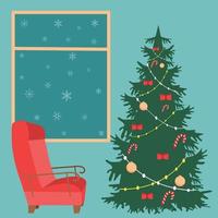 Christmas green tree, gifts, happiness. Holiday.Vector illustration. vector