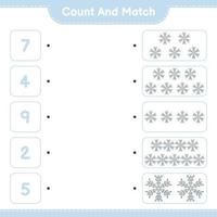 Count and match, count the number of Snowflake and match with the right numbers. Educational children game, printable worksheet, vector illustration