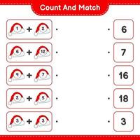 Count and match, count the number of Santa Hat and match with the right numbers. Educational children game, printable worksheet, vector illustration