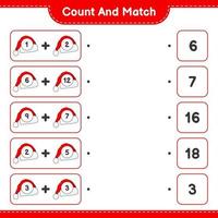 Count and match, count the number of Santa Hat and match with the right numbers. Educational children game, printable worksheet, vector illustration