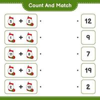 Count and match, count the number of Christmas Sock and match with the right numbers. Educational children game, printable worksheet, vector illustration