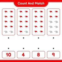 Count and match, count the number of Santa Hat and match with the right numbers. Educational children game, printable worksheet, vector illustration