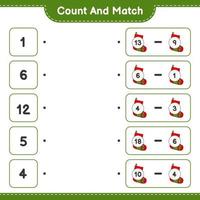 Count and match, count the number of Christmas Sock and match with the right numbers. Educational children game, printable worksheet, vector illustration