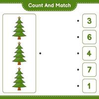 Count and match, count the number of Christmas Tree and match with the right numbers. Educational children game, printable worksheet, vector illustration