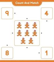 Count and match, count the number of Gingerbread Man and match with the right numbers. Educational children game, printable worksheet, vector illustration