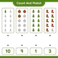 Count and match, count the number of Christmas Tree, Christmas Ball, Christmas Sock and match with the right numbers. Educational children game, printable worksheet, vector illustration