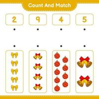 Count and match, count the number of Ribbon, Christmas Ball, Christmas Bell and match with the right numbers. Educational children game, printable worksheet, vector illustration