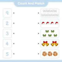 Count and match, count the number of Ribbon, Hat, Christmas Bell, Cookies and match with the right numbers. Educational children game, printable worksheet, vector illustration