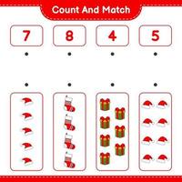 Count and match, count the number of Santa Hat, Gift Box, Christmas Sock and match with the right numbers. Educational children game, printable worksheet, vector illustration