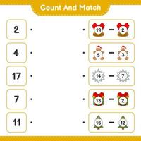 Count and match, count the number of Snowflake, Gift Box, Tree, Christmas Bell, Gingerbread Man and match with the right numbers. Educational children game, printable worksheet, vector illustration