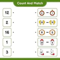 Count and match, count the number of Gift Box, Sock, Christmas Ball, Ribbon, Cookies and match with the right numbers. Educational children game, printable worksheet, vector illustration