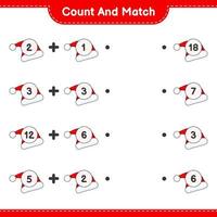 Count and match, count the number of Santa Hat and match with the right numbers. Educational children game, printable worksheet, vector illustration