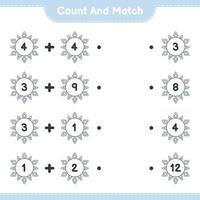 Count and match, count the number of Snowflake and match with the right numbers. Educational children game, printable worksheet, vector illustration