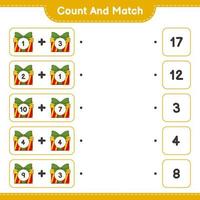 Count and match, count the number of Gift Box and match with the right numbers. Educational children game, printable worksheet, vector illustration