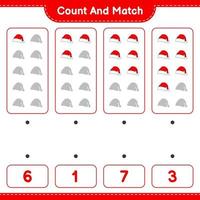 Count and match, count the number of Santa Hat and match with the right numbers. Educational children game, printable worksheet, vector illustration