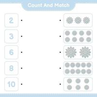 Count and match, count the number of Snowflake and match with the right numbers. Educational children game, printable worksheet, vector illustration