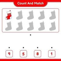 Count and match, count the number of Christmas Sock and match with the right numbers. Educational children game, printable worksheet, vector illustration